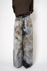 Annette Gortz Viscose Silk Printed Denim Trousers in Navy and Beige Vancouver. Shop Online or in Store.