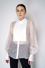Antonelli Brindisi Silk Organza Blouse with Pleated Front Bib in White Vancouver. Shop Online or in Store.