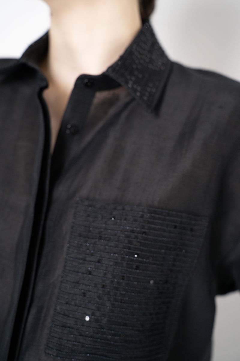 Antonelli Camelot Silk Linen Voile Embellished Button-Up Blouse in Black Vancouver. Shop Online or in Store.