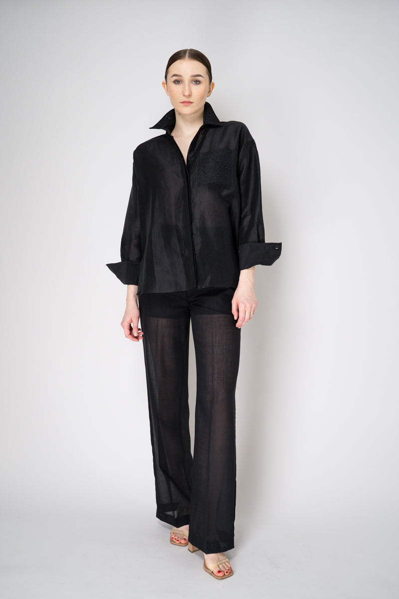 Antonelli Camelot Silk Linen Voile Embellished Button-Up Blouse in Black Vancouver. Shop Online or in Store.