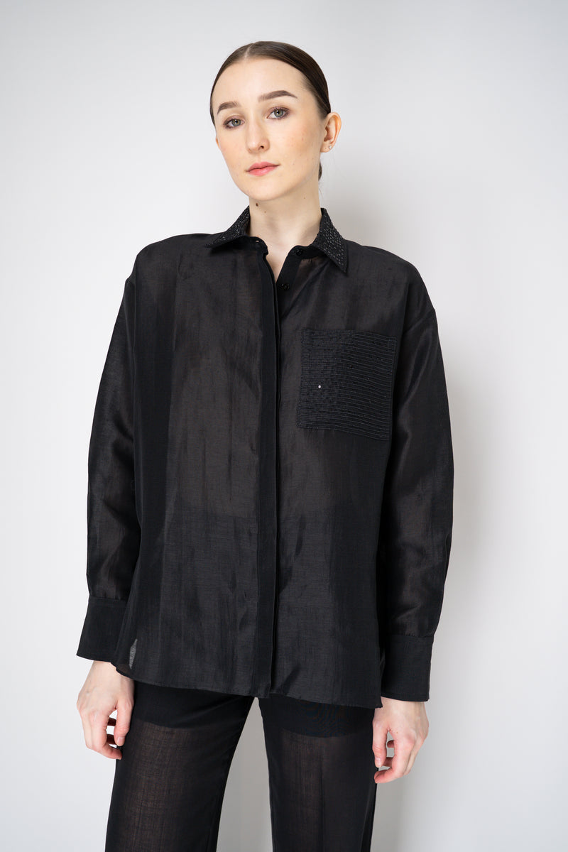 Antonelli Camelot Silk Linen Voile Embellished Button-Up Blouse in Black Vancouver. Shop Online or in Store.