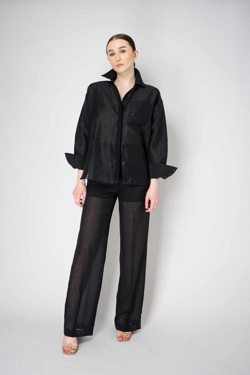 Antonelli Camelot Silk Linen Voile Embellished Button-Up Blouse in Black Vancouver. Shop Online or in Store.