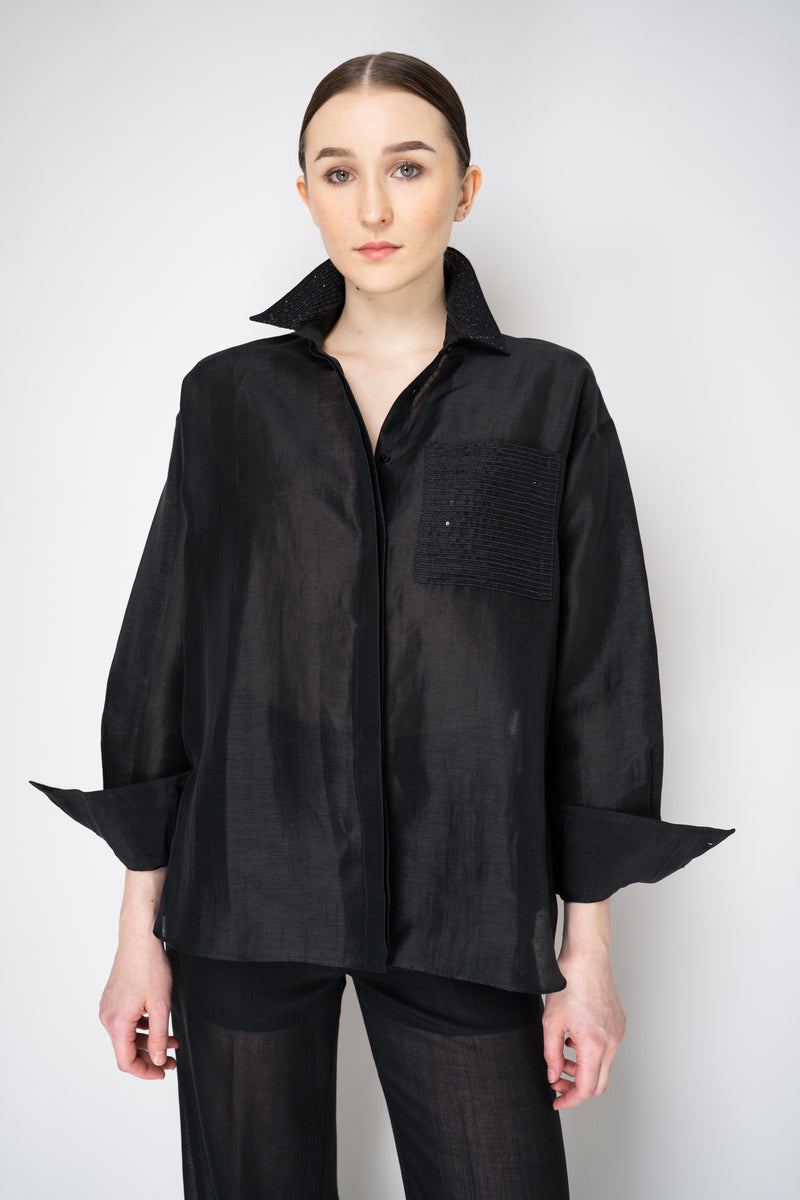Antonelli Camelot Silk Linen Voile Embellished Button-Up Blouse in Black Vancouver. Shop Online or in Store.