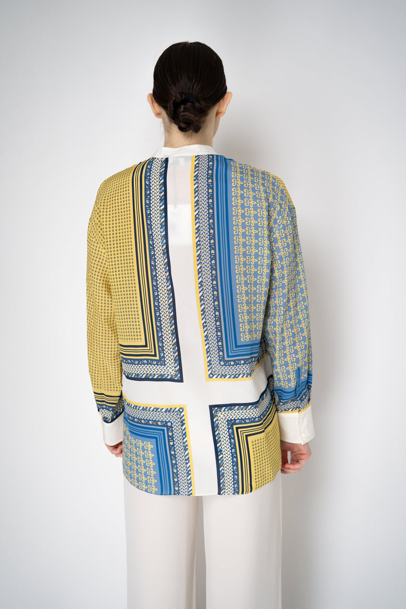Antonelli Camilla Silk Crepe Blouse in Yellow and Blue Scarf Print Vancouver. Shop Online or in Store.