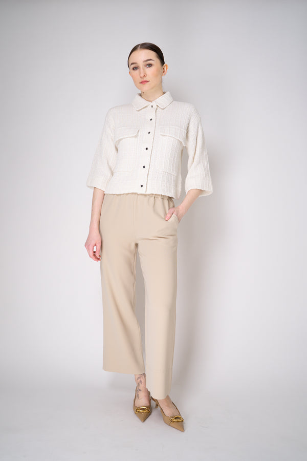 Antonelli Senape Crepe Pull-On Style Cropped Trousers in Beige Vancouver. Shop Online or in Store.