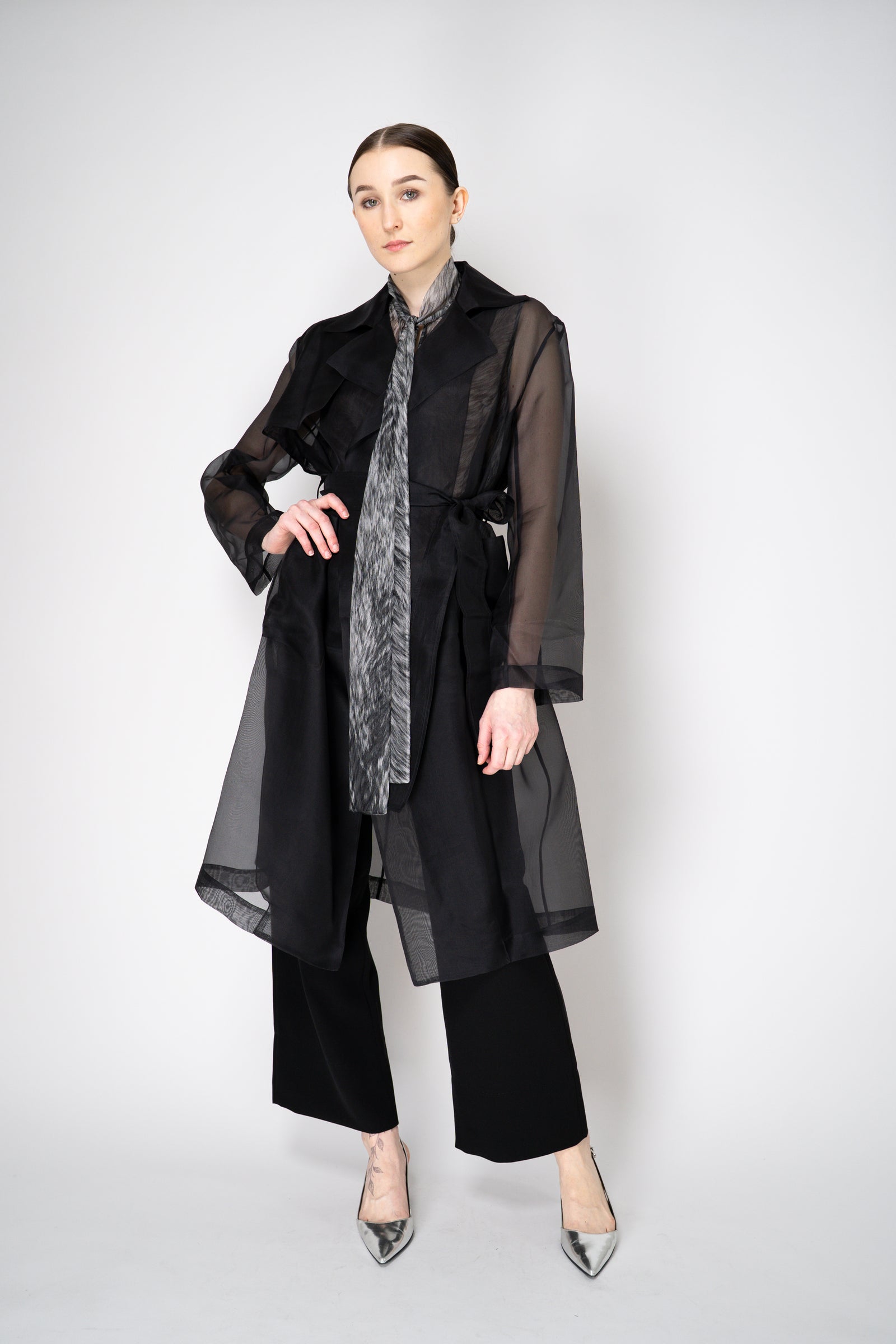 Antonelli Valmorea Silk Organza Sheer Trench Coat in Black