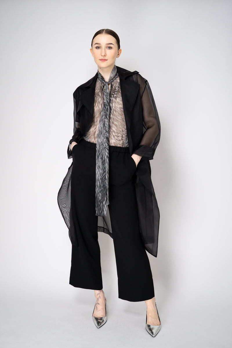 Antonelli Valmorea Silk Organza Sheer Trench Coat in Black Vancouver. Shop Online or in Store.