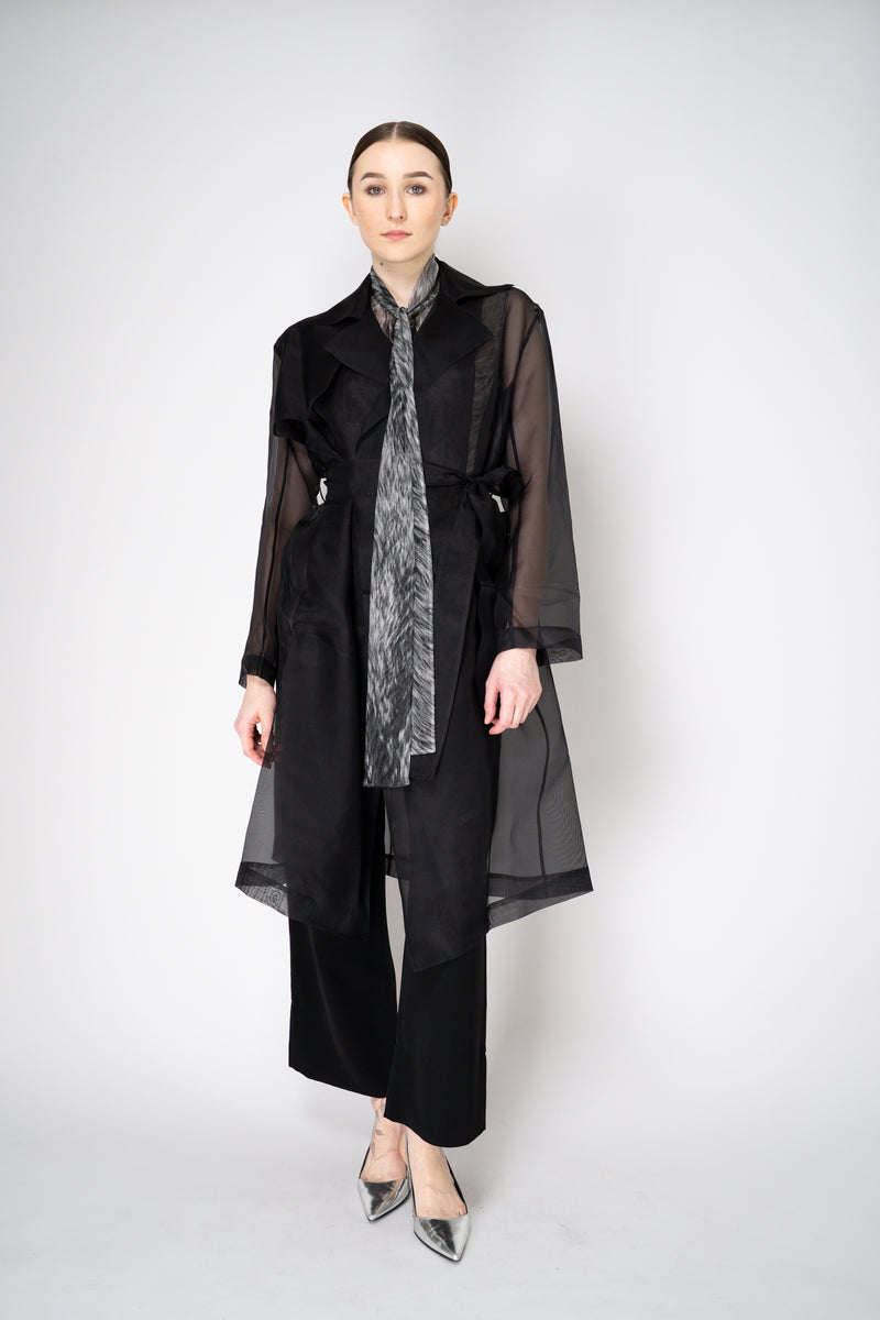 Antonelli Valmorea Silk Organza Sheer Trench Coat in Black Vancouver. Shop Online or in Store.