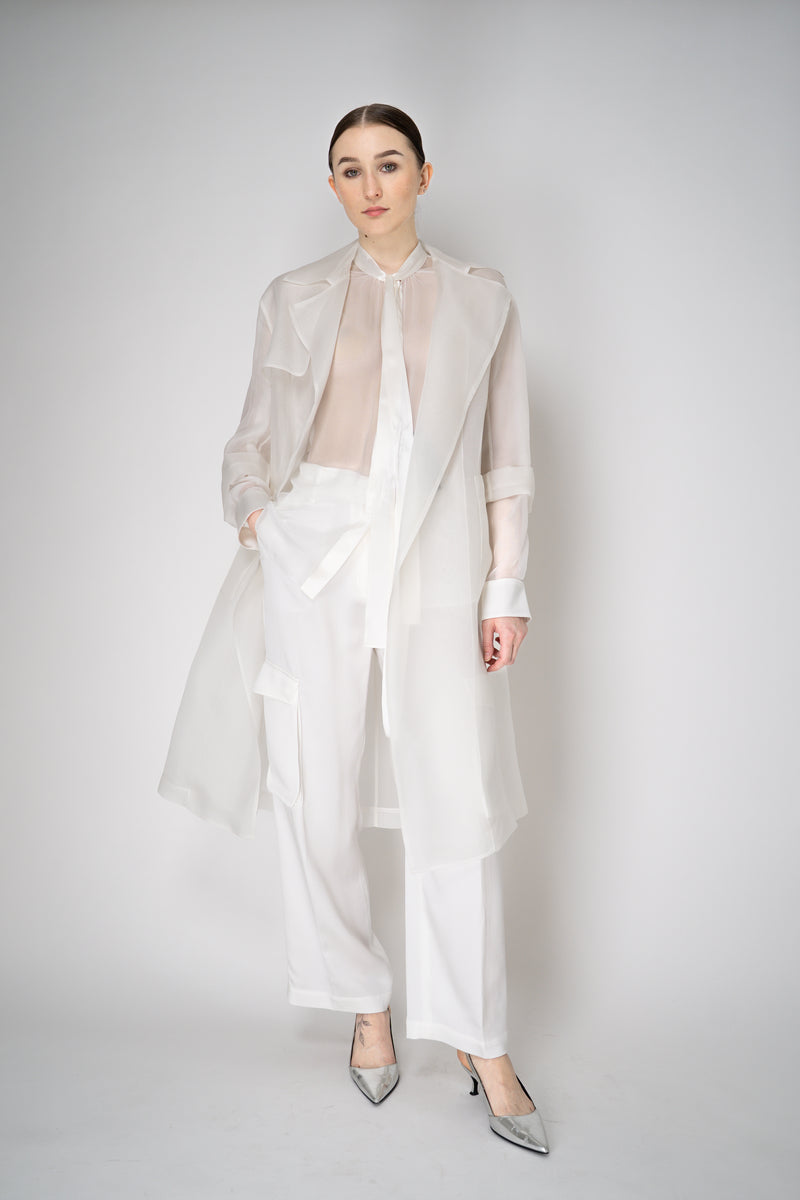 Antonelli Valmorea Silk Organza Sheer Trench Coat in White Vancouver. Shop Online or in Store.