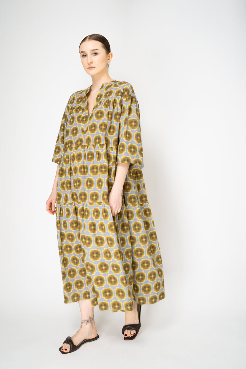 Odeeh 3/4 Sleeve Tiered Cotton Dress in Mustard and Grey Vancouver. Shop Online or in Store.