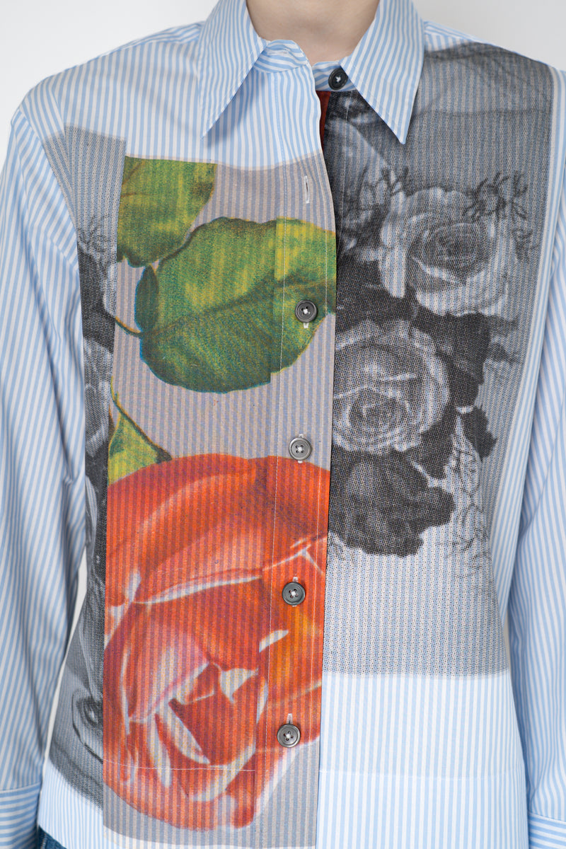 Odeeh Striped Classic Button-Up Shirt in Multicolour Floral Postcard Print Vancouver. Shop Online or in Store.