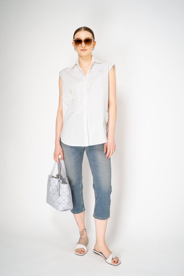 Odeeh Sleeveless Cotton Button-Up Blouse with Crochet Flower Appliqué in White Vancouver. Shop Online or in Store.