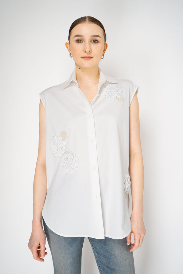 Odeeh Sleeveless Cotton Button-Up Blouse with Crochet Flower Appliqué in White Vancouver. Shop Online or in Store.