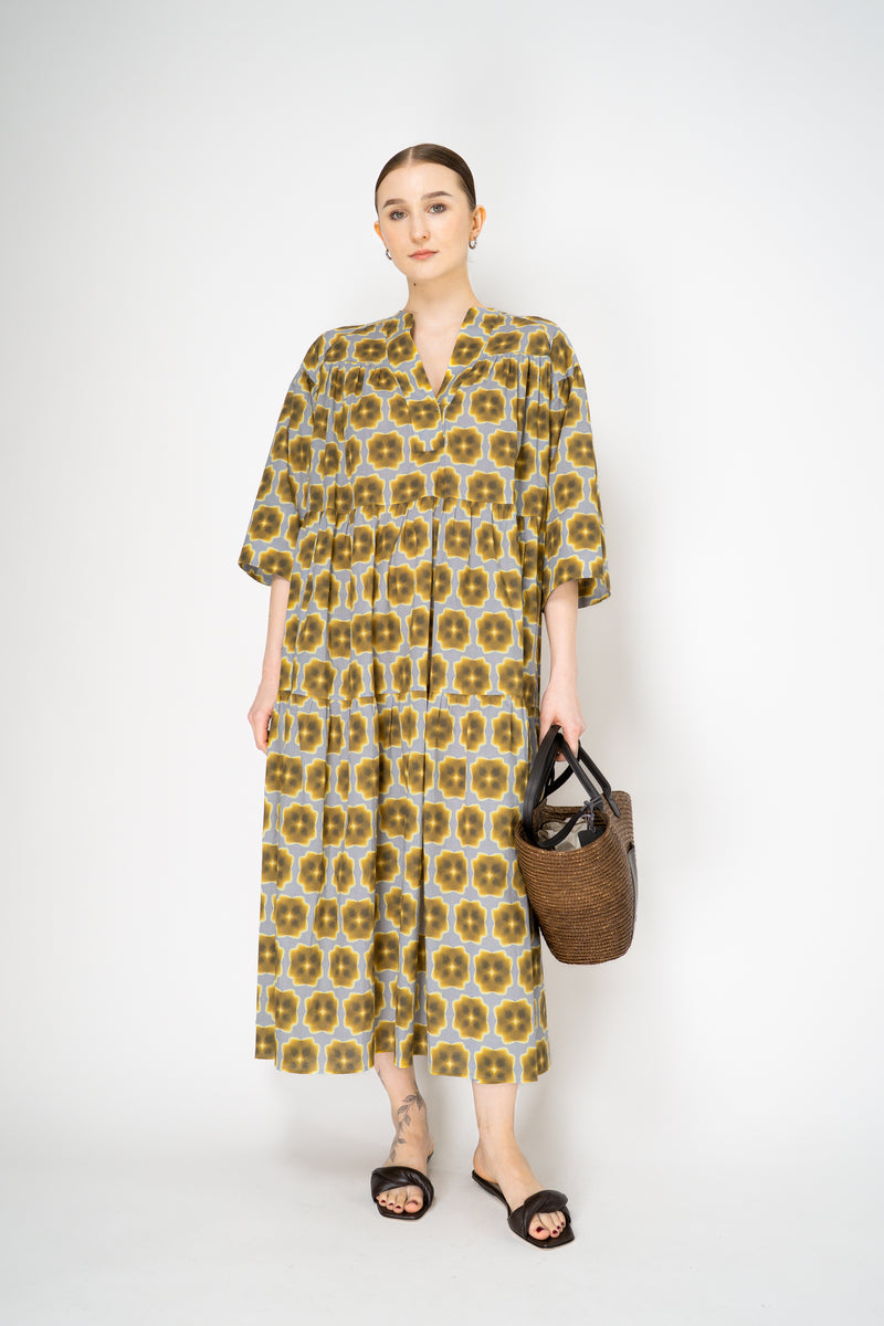 Odeeh 3/4 Sleeve Tiered Cotton Dress in Mustard and Grey Vancouver. Shop Online or in Store.