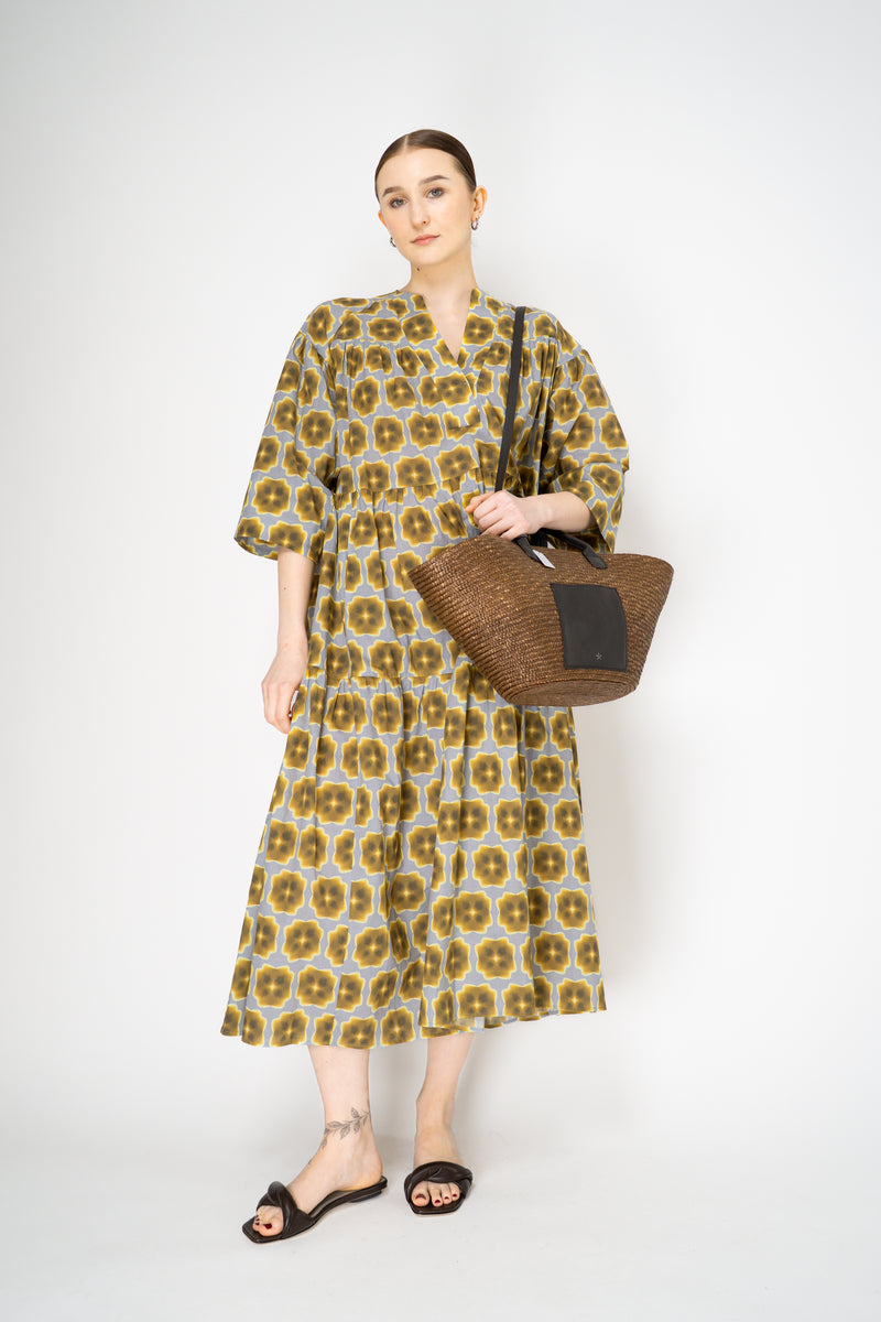 Odeeh 3/4 Sleeve Tiered Cotton Dress in Mustard and Grey Vancouver. Shop Online or in Store.