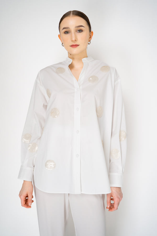 Odeeh Oversized Cotton Button-up Shirt with Sequin Polka-Dot Details in White Vancouver. Shop Online or in Store.