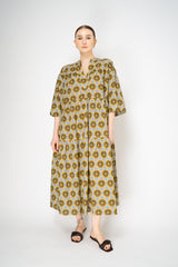 Odeeh 3/4 Sleeve Tiered Cotton Dress in Mustard and Grey Vancouver. Shop Online or in Store.