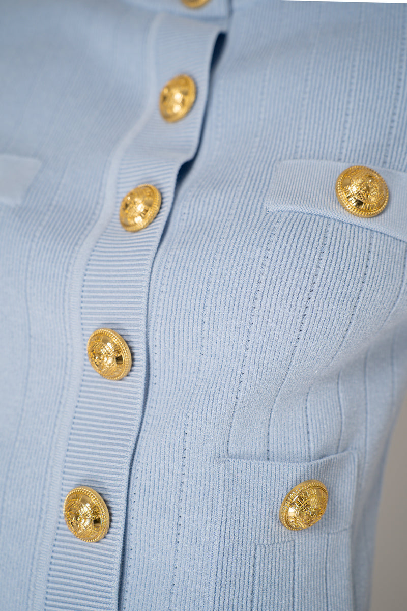Balmain 4-Pocket Short Sleeve Knitted Cardigan in Light Blue Vancouver. Shop Online or in Store.