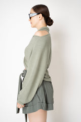 Balmain Batwing Draped Jersey Knit Sweater in Sage Green Vancouver. Shop Online or in Store.