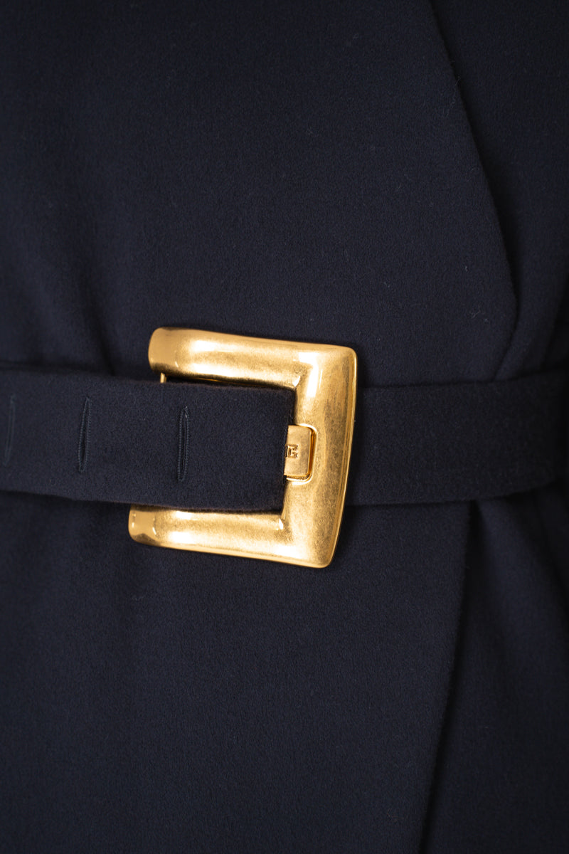 Balmain Belted Wool Wrap Coat in Dark Navy Vancouver. Shop Online or in Store.