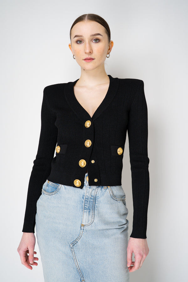 Balmain Bold Shoulder Cropped Knit Cardigan in Black Vancouver. Shop Online or in Store.