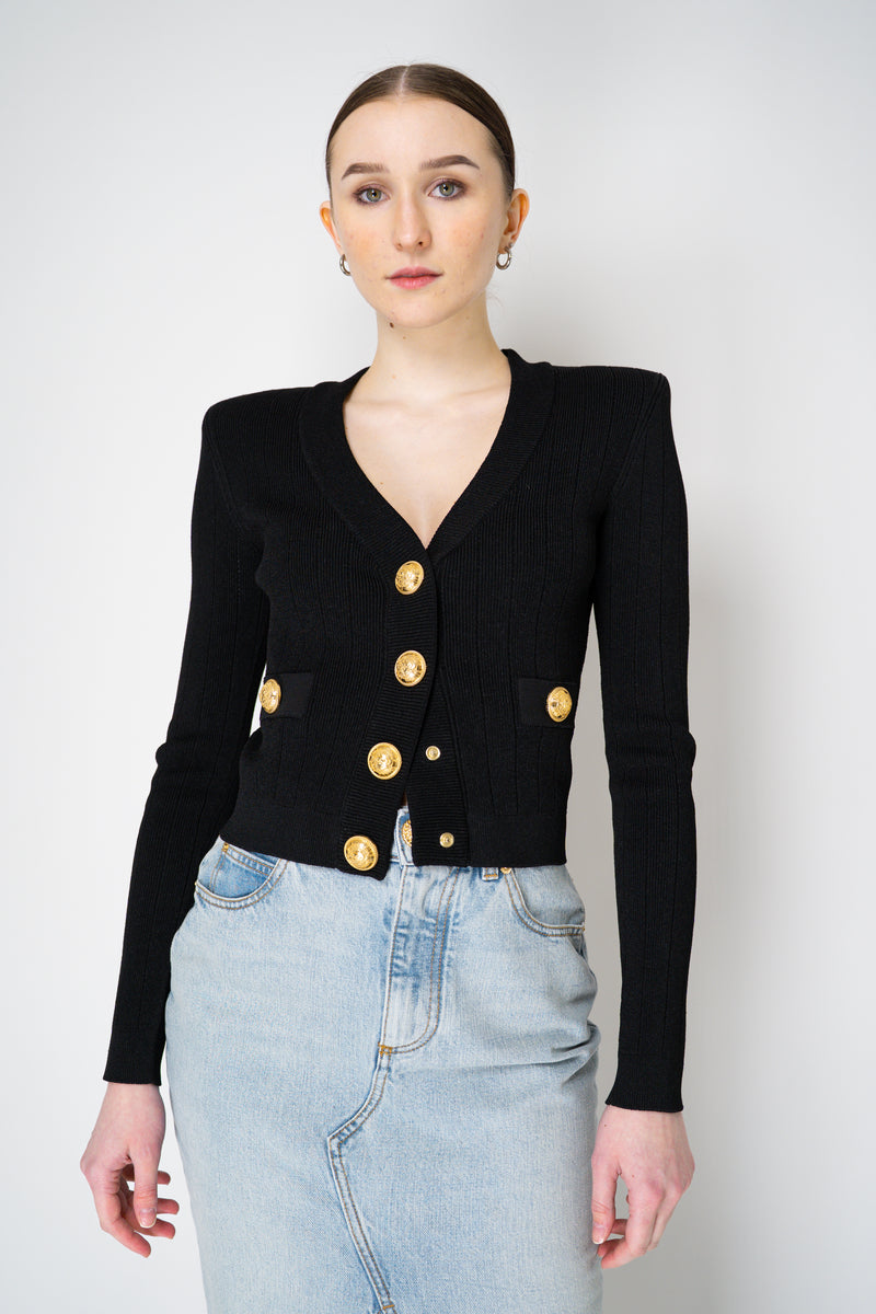 Balmain Bold Shoulder Cropped Knit Cardigan in Black Vancouver. Shop Online or in Store.