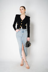Balmain Bold Shoulder Cropped Knit Cardigan in Black Vancouver. Shop Online or in Store.