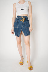 Balmain Dark Blue Denim Knee Length Skirt with Signature Belt Buckle Vancouver. Shop Online or in Store.
