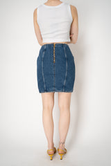 Balmain Dark Blue Denim Knee Length Skirt with Signature Belt Buckle Vancouver. Shop Online or in Store.