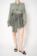 Balmain High Waisted Belted Gabardine Shorts in Olive Green Vancouver. Shop Online or in Store.