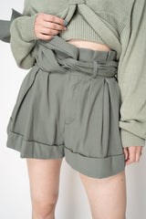 Balmain High Waisted Belted Gabardine Shorts in Olive Green Vancouver. Shop Online or in Store.