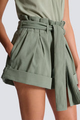 Balmain High Waisted Belted Gabardine Shorts in Olive Green Vancouver. Shop Online or in Store.