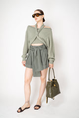 Balmain High Waisted Belted Gabardine Shorts in Olive Green Vancouver. Shop Online or in Store.