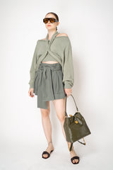 Balmain High Waisted Belted Gabardine Shorts in Olive Green Vancouver. Shop Online or in Store.