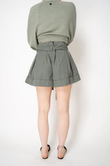 Balmain High Waisted Belted Gabardine Shorts in Olive Green Vancouver. Shop Online or in Store.