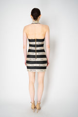 Balmain Jacquard Halter Neck Branded Ribbon Dress in Beige and Black Vancouver. Shop Online or in Store.