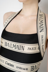Balmain Jacquard Halter Neck Branded Ribbon Dress in Beige and Black Vancouver. Shop Online or in Store.
