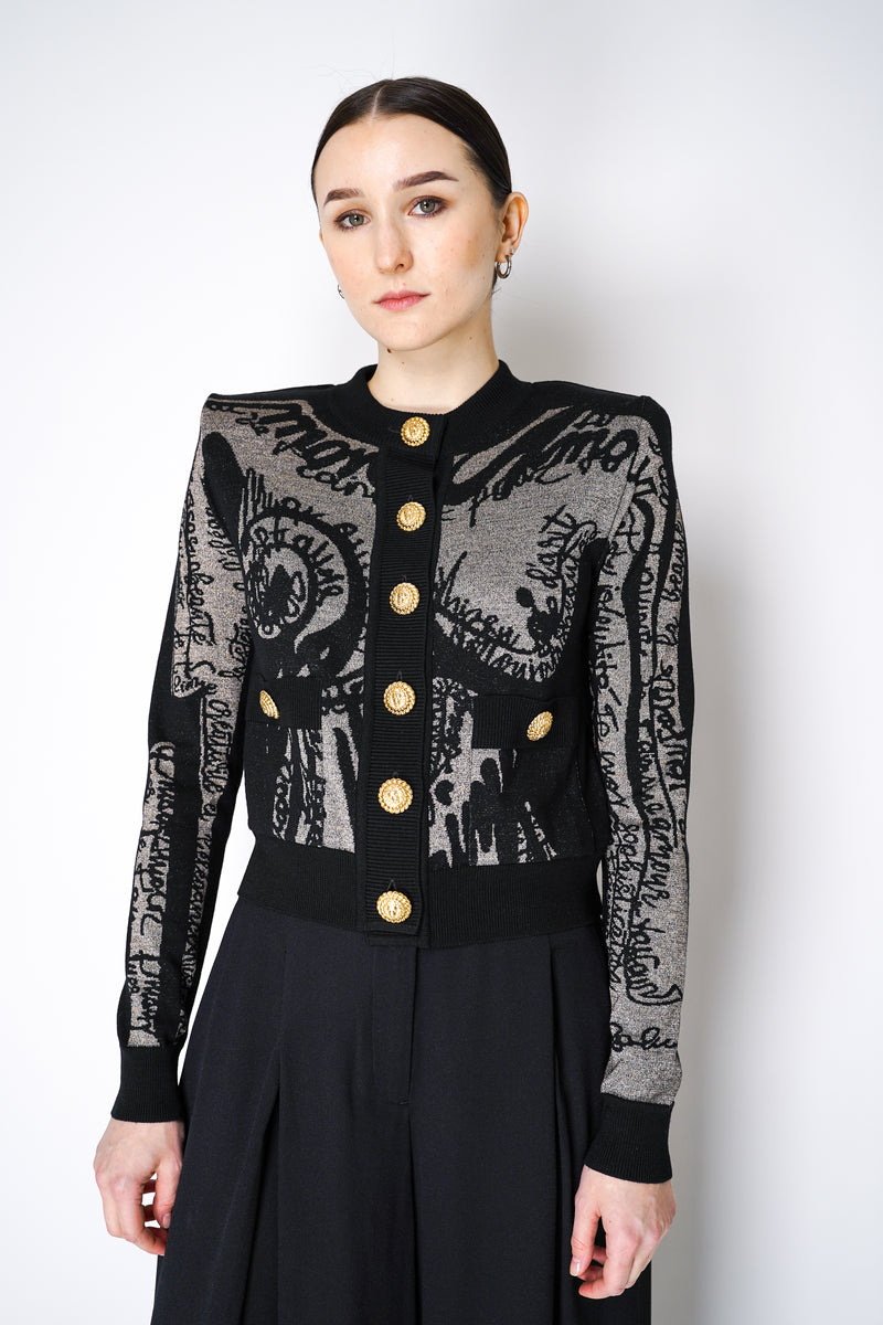 Balmain Jacquard Knit Cardigan with Lurex Body Motif in Black Vancouver. Shop Online or in Store.