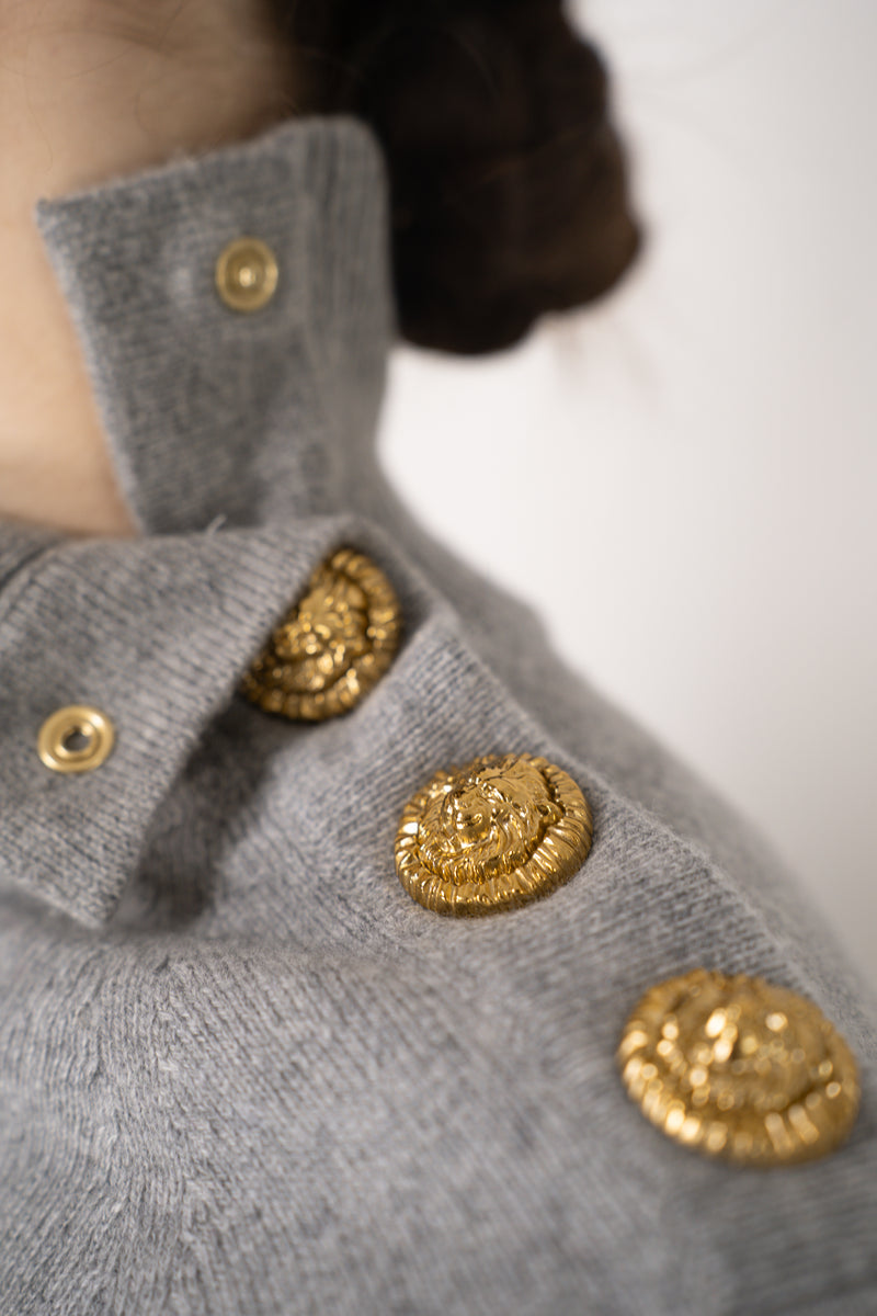 Balmain Knit Cashmere Cropped Turtleneck Sweater in Heather Grey Vancouver. Shop Online or in Store.