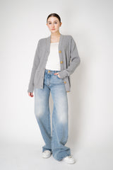 Balmain Knit Cashmere Ribbed Cardigan with Gold Embossed Buttons  in Heather Grey Vancouver. Shop Online or in Store.