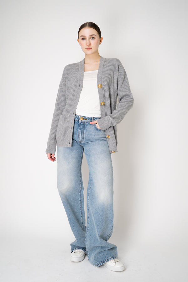 Balmain Knit Cashmere Ribbed Cardigan with Gold Embossed Buttons  in Heather Grey Vancouver. Shop Online or in Store.