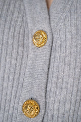 Balmain Knit Cashmere Ribbed Cardigan with Gold Embossed Buttons  in Heather Grey Vancouver. Shop Online or in Store.
