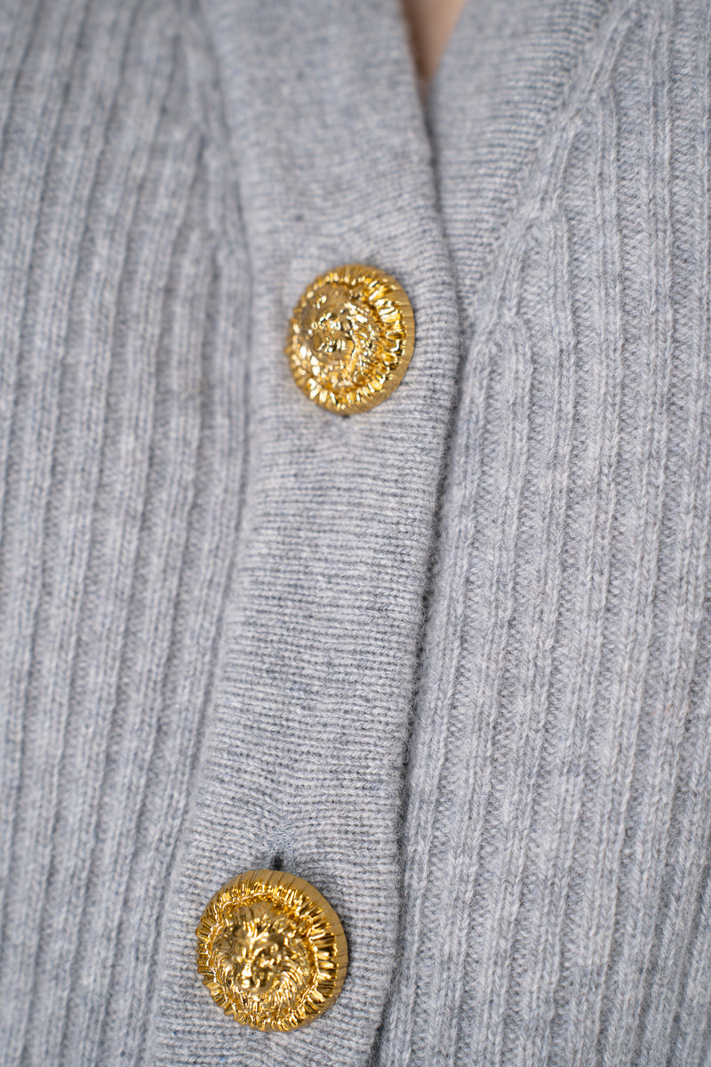 Balmain Knit Cashmere Ribbed Cardigan with Gold Embossed Buttons  in Heather Grey Vancouver. Shop Online or in Store.