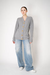 Balmain Knit Cashmere Ribbed Cardigan with Gold Embossed Buttons  in Heather Grey Vancouver. Shop Online or in Store.