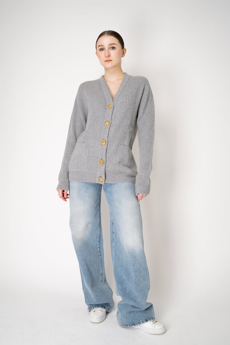 Balmain Knit Cashmere Ribbed Cardigan with Gold Embossed Buttons  in Heather Grey Vancouver. Shop Online or in Store.