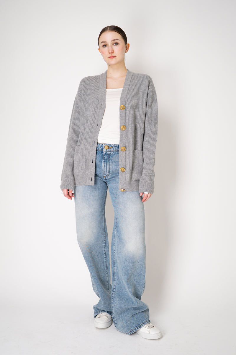 Balmain Knit Cashmere Ribbed Cardigan with Gold Embossed Buttons  in Heather Grey Vancouver. Shop Online or in Store.