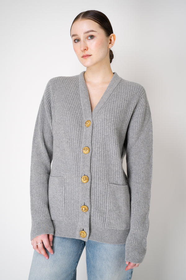 Balmain Knit Cashmere Ribbed Cardigan with Gold Embossed Buttons  in Heather Grey Vancouver. Shop Online or in Store.