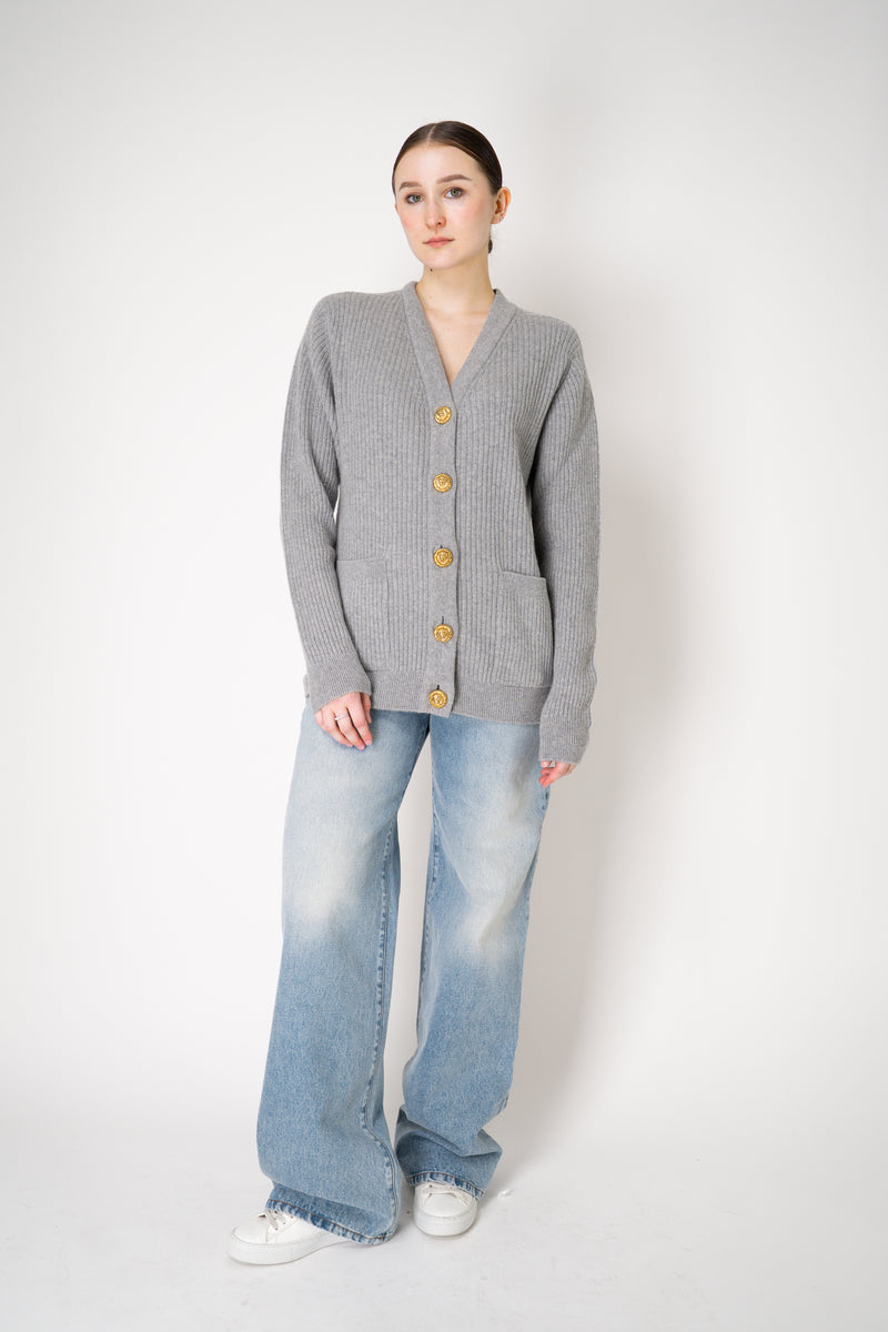 Balmain Knit Cashmere Ribbed Cardigan with Gold Embossed Buttons  in Heather Grey Vancouver. Shop Online or in Store.