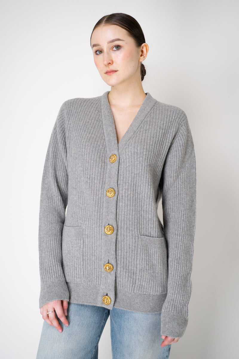 Balmain Knit Cashmere Ribbed Cardigan with Gold Embossed Buttons  in Heather Grey Vancouver. Shop Online or in Store.