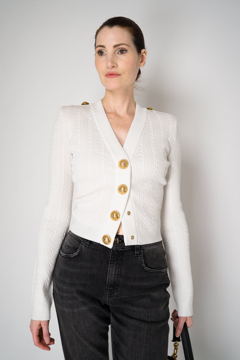 Balmain Long Sleeve Cable-Knit V-neck Cardigan in White Vancouver. Shop Online or in Store.
